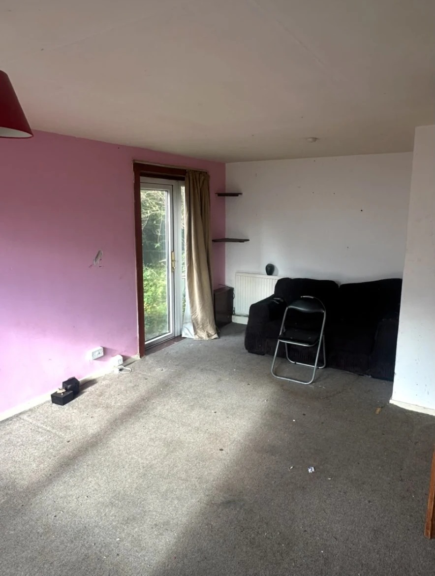 Living room before renovation with pink feature wall, worn carpet and old furniture