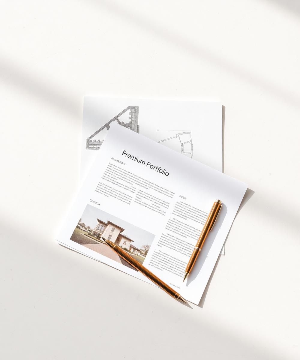 Property portfolio document and architectural drawings on a pale desk