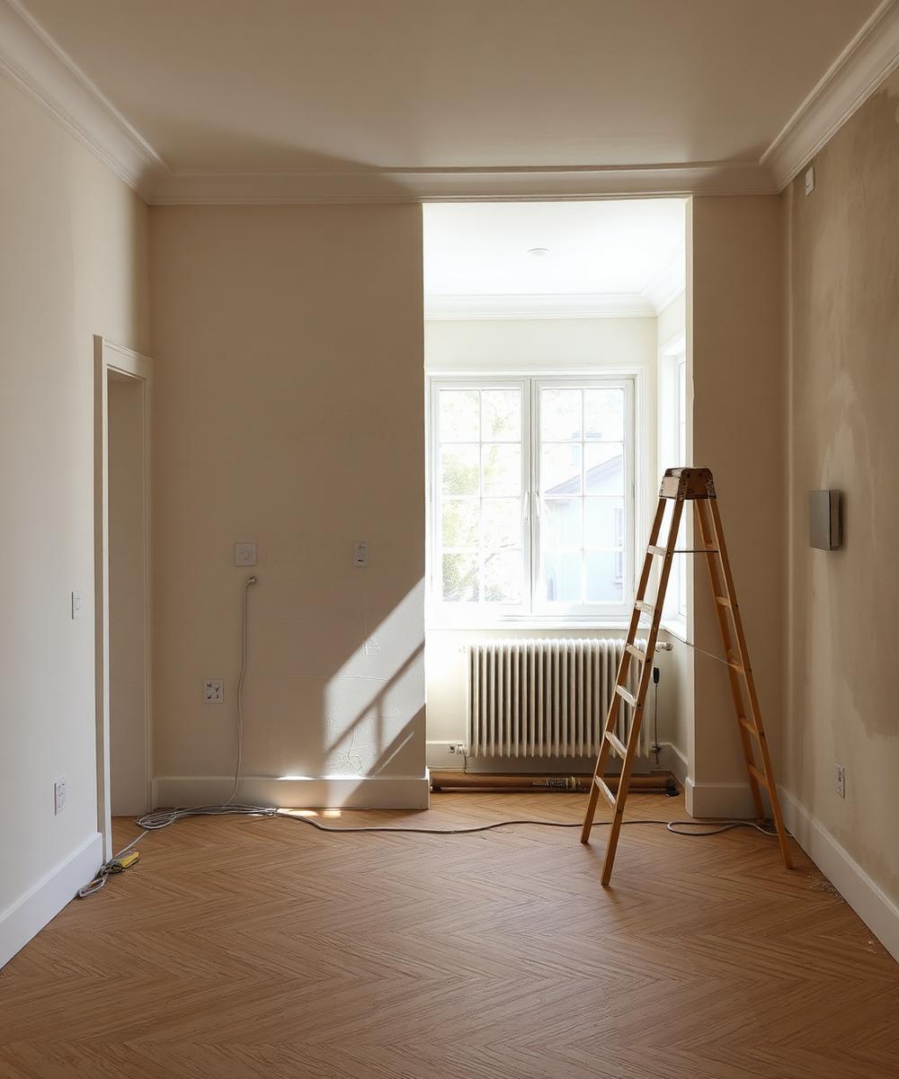 Apartment renovation in progress with fresh plasterwork and new flooring